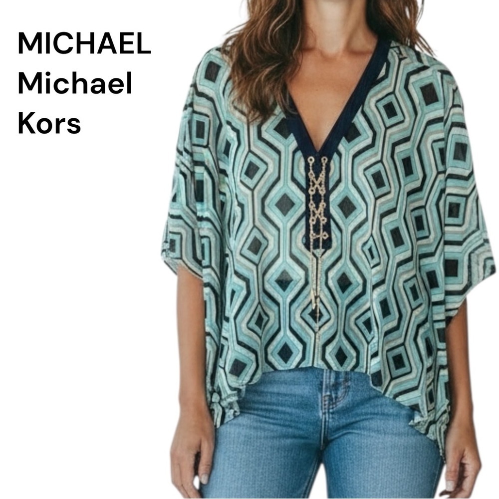 Michael Kors S/M Geometric Sheer Poncho Blouse Gold Chain Detail